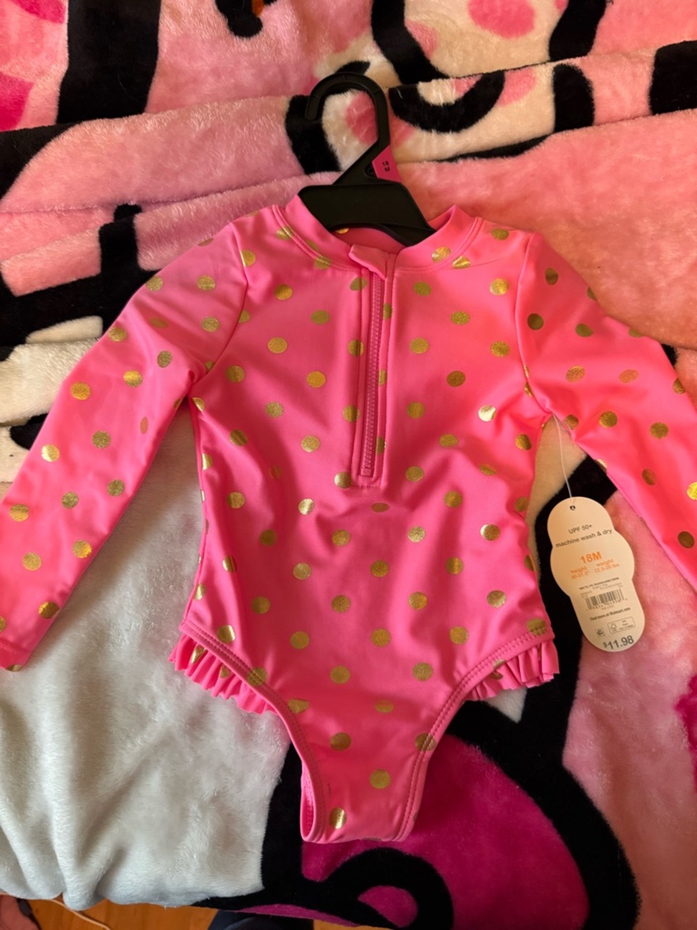 wonder nation Hot Pink One-Piece Rashguard Swimsuit with Gold Polka Dots